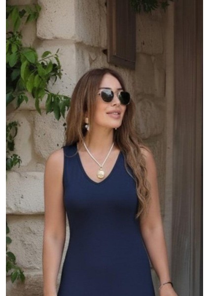 Kalın Askılı V Yaka Yırtmaçlı Viskon Elbise - Lacivert fiyatları