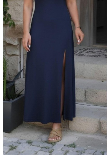 Kalın Askılı V Yaka Yırtmaçlı Viskon Elbise - Lacivert modelleri