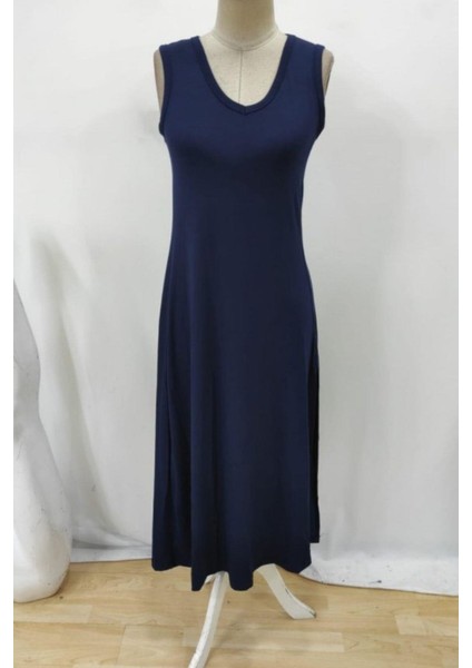 Kalın Askılı V Yaka Yırtmaçlı Viskon Elbise - Lacivert fırsatları