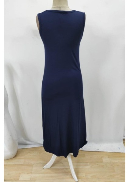 Kalın Askılı V Yaka Yırtmaçlı Viskon Elbise - Lacivert indirimleri