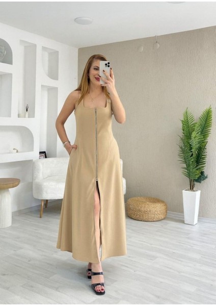 Kare Yaka Önü Fermuarlı Uzun Krep Elbise - Bej fiyatları
