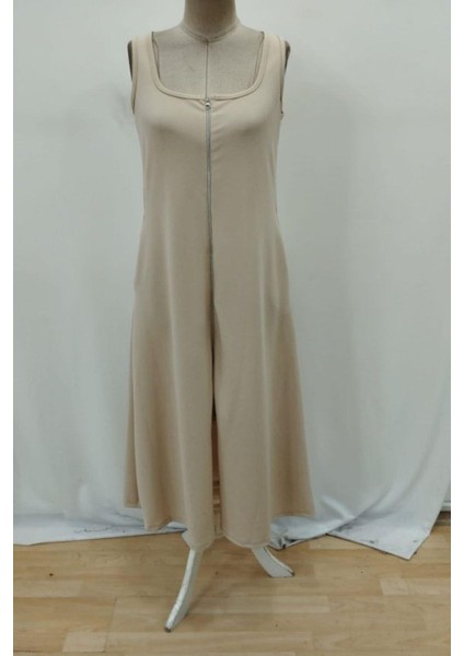 Kare Yaka Önü Fermuarlı Uzun Krep Elbise - Bej modelleri