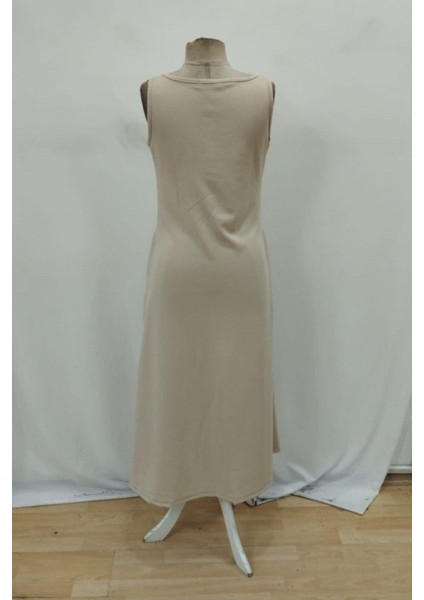 Kare Yaka Önü Fermuarlı Uzun Krep Elbise - Bej fırsatları