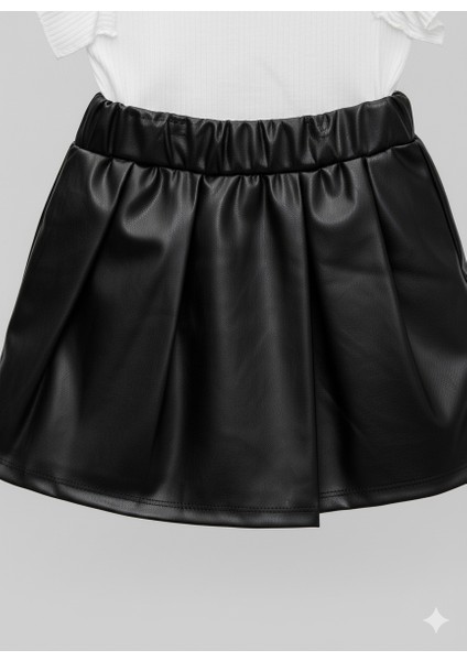 Kız Siyah Deri Etekli Istiridye Baskılı Beyaz Tişörtlü Şık Takım indirimleri