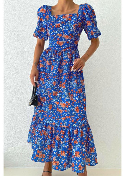 Kare Yaka Çiçek Desenli Uzun Elbise Saks