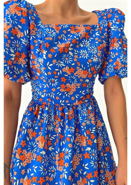 Kare Yaka Çiçek Desenli Uzun Elbise Saks fiyatları