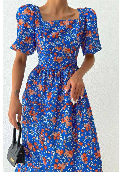 Kare Yaka Çiçek Desenli Uzun Elbise Saks modelleri