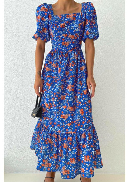 Kare Yaka Çiçek Desenli Uzun Elbise Saks fırsatları