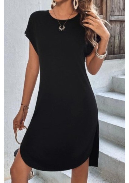Kısa Kollu Bisiklet Yaka Viskon Elbise - Siyah