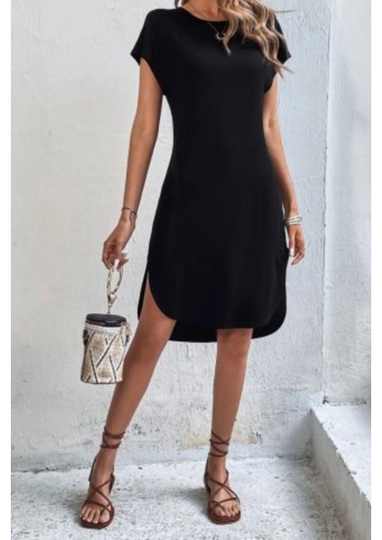 Kısa Kollu Bisiklet Yaka Viskon Elbise - Siyah fiyatları
