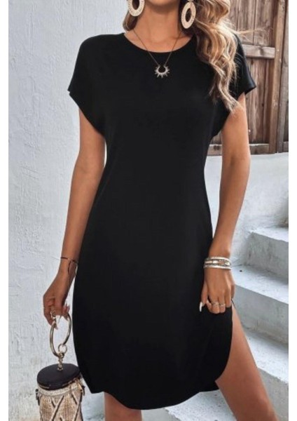 Kısa Kollu Bisiklet Yaka Viskon Elbise - Siyah modelleri