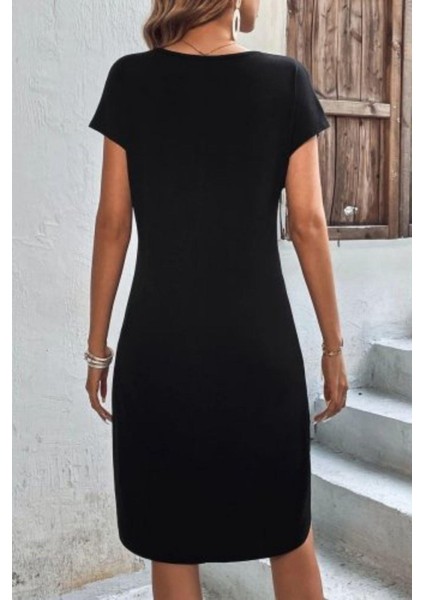 Kısa Kollu Bisiklet Yaka Viskon Elbise - Siyah fırsatları