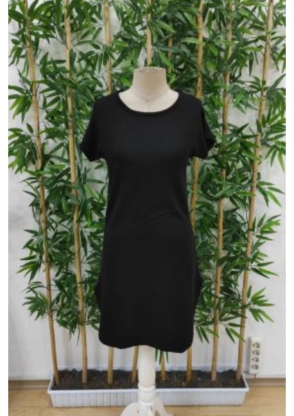 Kısa Kollu Bisiklet Yaka Viskon Elbise - Siyah indirimleri