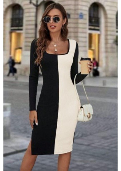 Çift Renk Midi Triko Elbise Siyah