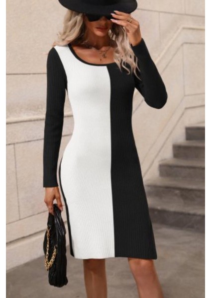 Çift Renk Midi Triko Elbise Siyah modelleri