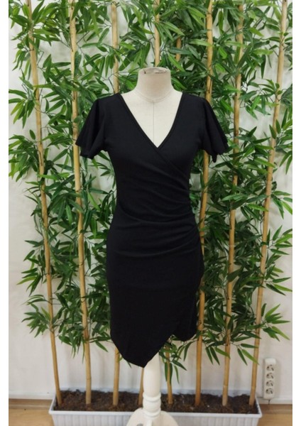 Kruvaze Yaka Asimetrik Kesim Elbise Siyah modelleri