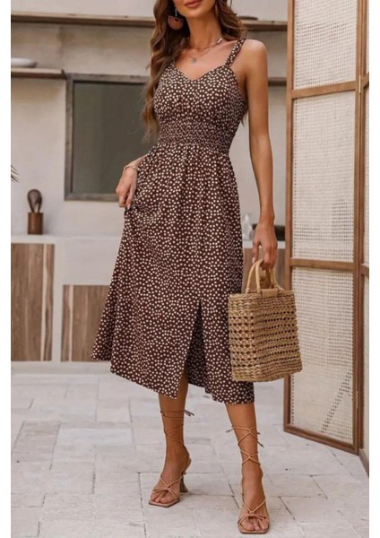V Yaka Beli Lastikli Yırtmaçlı Süprem Elbise - Kahve fiyatları