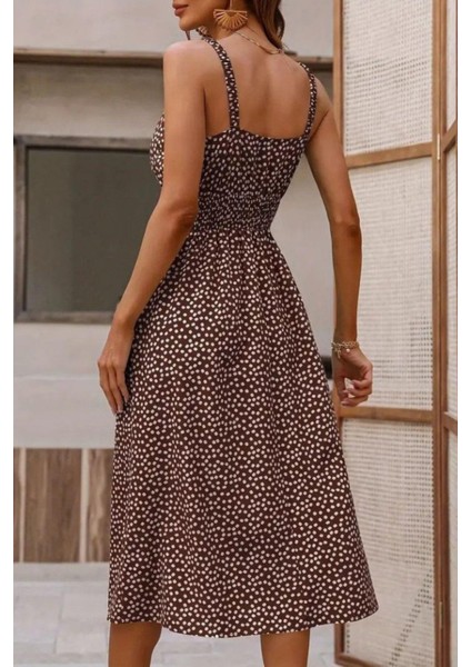 V Yaka Beli Lastikli Yırtmaçlı Süprem Elbise - Kahve modelleri