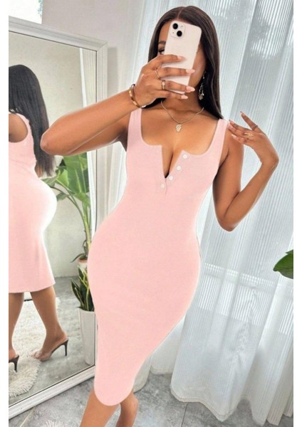 Kalın Askılı Düğme Detaylı Midi Kaşkorse Elbise - Pembe