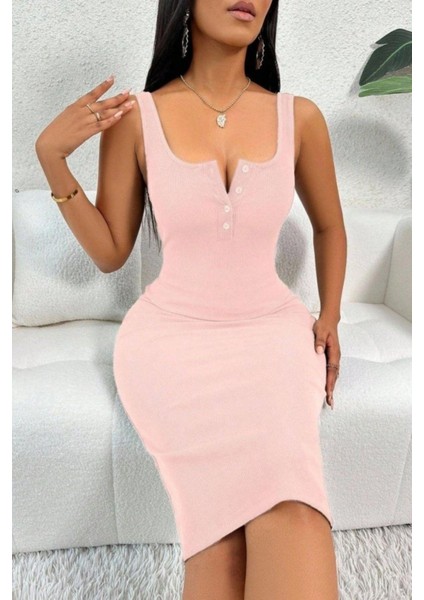 Kalın Askılı Düğme Detaylı Midi Kaşkorse Elbise - Pembe fiyatları