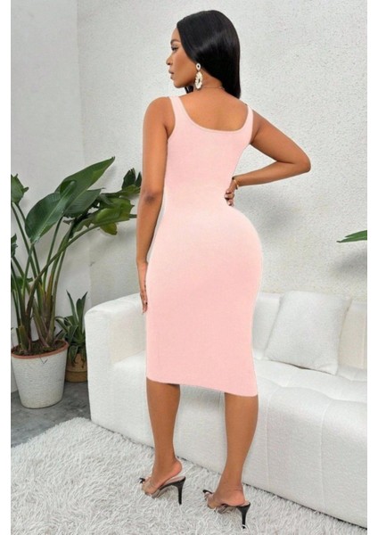 Kalın Askılı Düğme Detaylı Midi Kaşkorse Elbise - Pembe modelleri