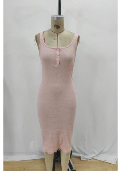 Kalın Askılı Düğme Detaylı Midi Kaşkorse Elbise - Pembe fırsatları