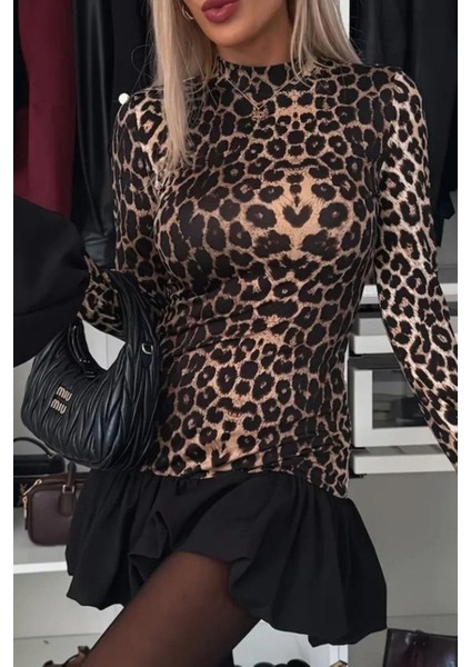 Fırfır Detaylı Geniş Kol Leopar Desenli Mini Elbise - Leopar