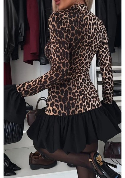 Fırfır Detaylı Geniş Kol Leopar Desenli Mini Elbise - Leopar modelleri