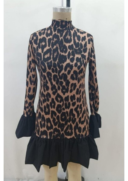 Fırfır Detaylı Geniş Kol Leopar Desenli Mini Elbise - Leopar fırsatları