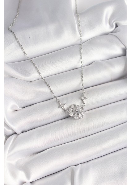 316L Çelik Gümüş Renk Zirkon Taşlı Hilal Kalp Model Kadın Kolye fiyatları