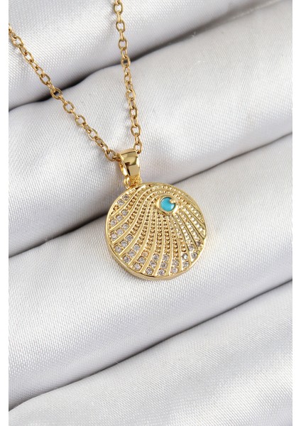 316L Çelik Zirkon Taşlı Madalyon Model Gold Renk Kadın Kolye