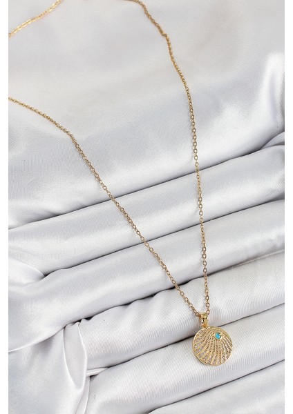 316L Çelik Zirkon Taşlı Madalyon Model Gold Renk Kadın Kolye fiyatları