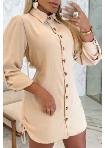 Gömlek Yaka Önden Düğmeli Yanlardan Büzgülü Kısa Aerobin Elbise Bej