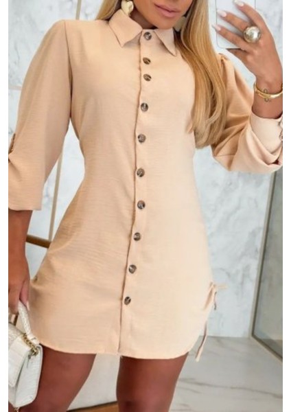 Gömlek Yaka Önden Düğmeli Yanlardan Büzgülü Kısa Aerobin Elbise Bej fiyatları