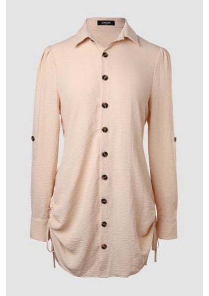 Gömlek Yaka Önden Düğmeli Yanlardan Büzgülü Kısa Aerobin Elbise Bej modelleri