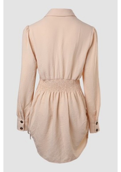 Gömlek Yaka Önden Düğmeli Yanlardan Büzgülü Kısa Aerobin Elbise Bej fırsatları