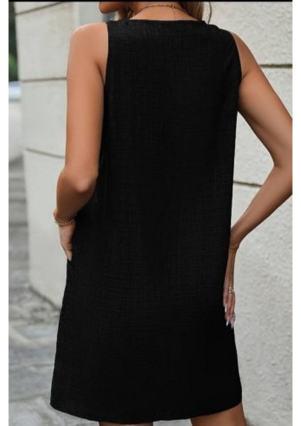 Cepli ve Düğme Detaylı Omuz Askılı Keten Elbise - Siyah fiyatları