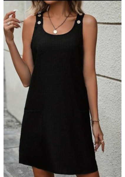 Cepli ve Düğme Detaylı Omuz Askılı Keten Elbise - Siyah modelleri