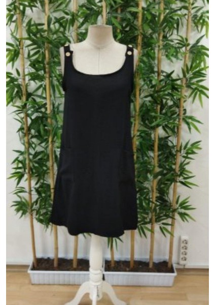 Cepli ve Düğme Detaylı Omuz Askılı Keten Elbise - Siyah fırsatları