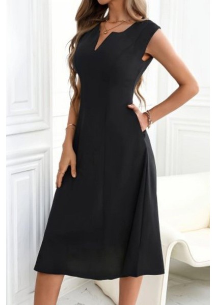 Kolsuz V Yaka Midi Ithal Krep Elbise - Siyah