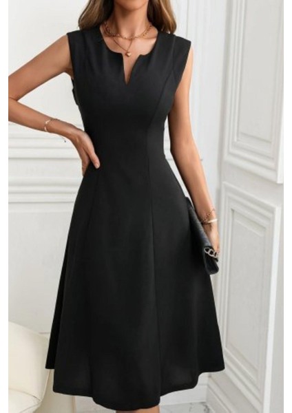 Kolsuz V Yaka Midi Ithal Krep Elbise - Siyah fiyatları