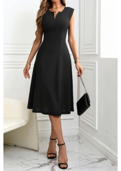 Kolsuz V Yaka Midi Ithal Krep Elbise - Siyah modelleri