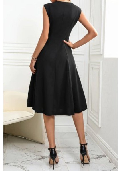 Kolsuz V Yaka Midi Ithal Krep Elbise - Siyah fırsatları
