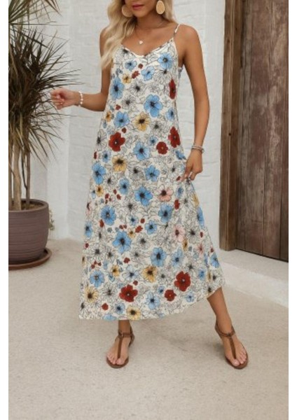 Desenli Ince Askılı V Yaka Süprem Elbise - Pudra