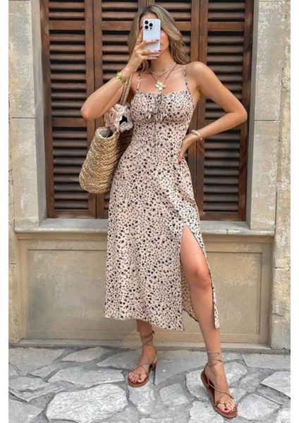 Askılı Yırtmaç Detaylı Desenli Midi Elbise - Bej fiyatları