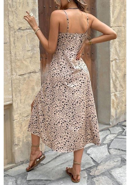 Askılı Yırtmaç Detaylı Desenli Midi Elbise - Bej modelleri