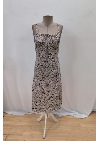 Askılı Yırtmaç Detaylı Desenli Midi Elbise - Bej fırsatları