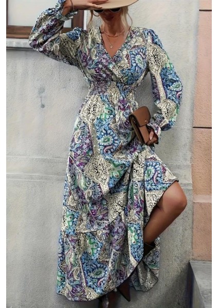 Kruvaze Yaka Desenli Uzun Süprem Elbise - Mavi