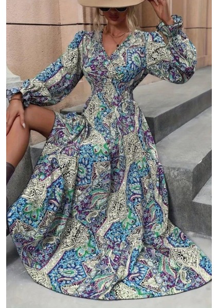 Kruvaze Yaka Desenli Uzun Süprem Elbise - Mavi fiyatları