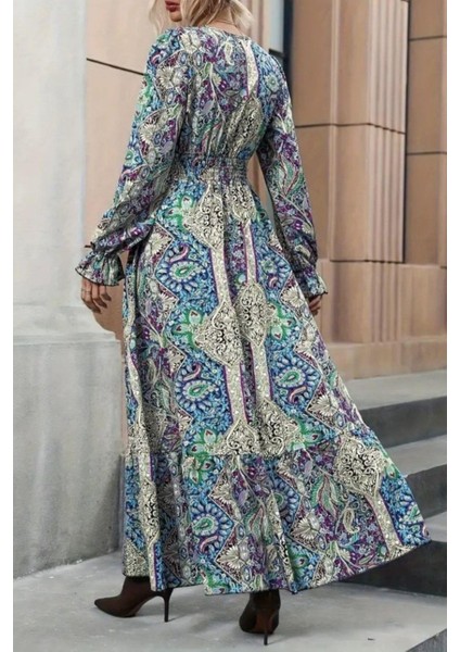 Kruvaze Yaka Desenli Uzun Süprem Elbise - Mavi modelleri